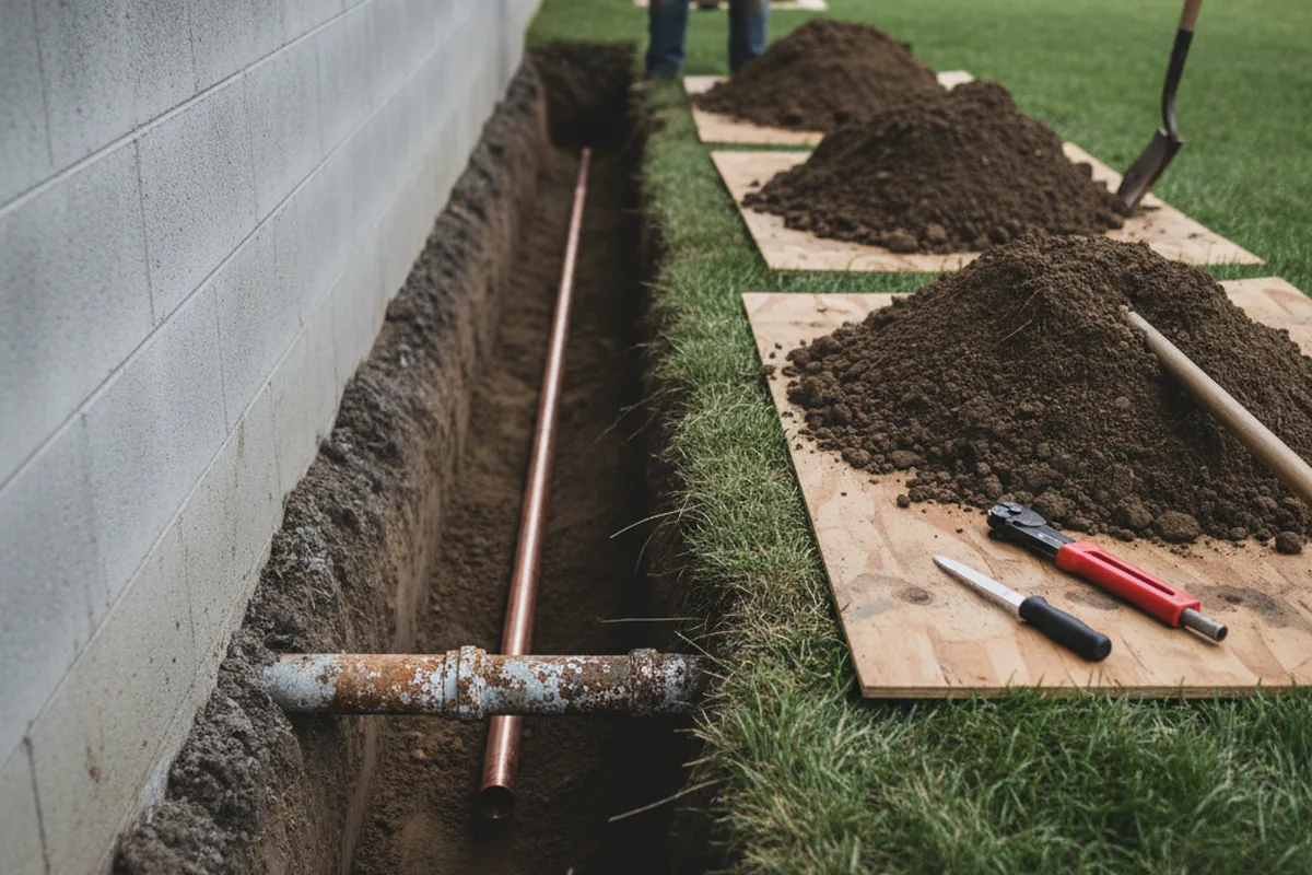 Excavated water line trench during Water Softener Installation in Eagle Creek